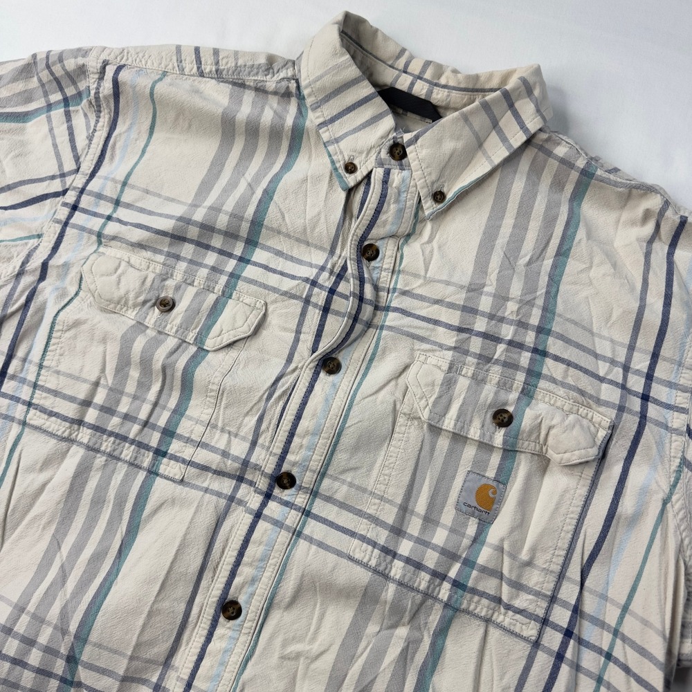 Carhartt Shirt Men's XL Loose Fit White Blue Plaid Button Down Short Sleeve Work